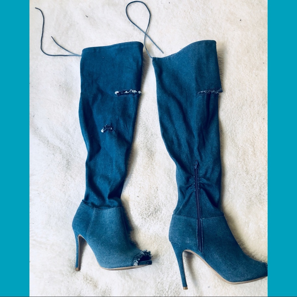 Distressed Denim Thigh High Boots (Rue 21)